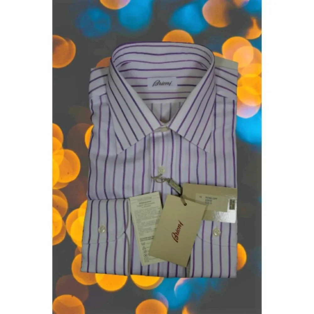 $749 Brioni Italy 16 / 41 Men Lavender White Long-Sleeve Button Top Dress Shirt - Picture 2 of 7